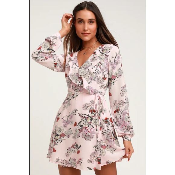 Lulu's Pink Floral Print Wrap Dress Cottage Core Preppy Date Sexy Croquette Sz L - Picture 1 of 8